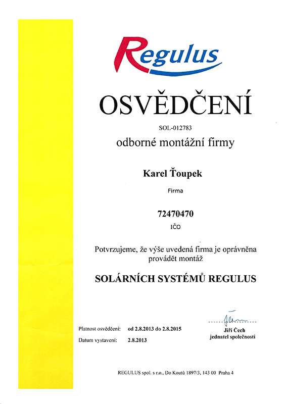 Osvědčení Regulus