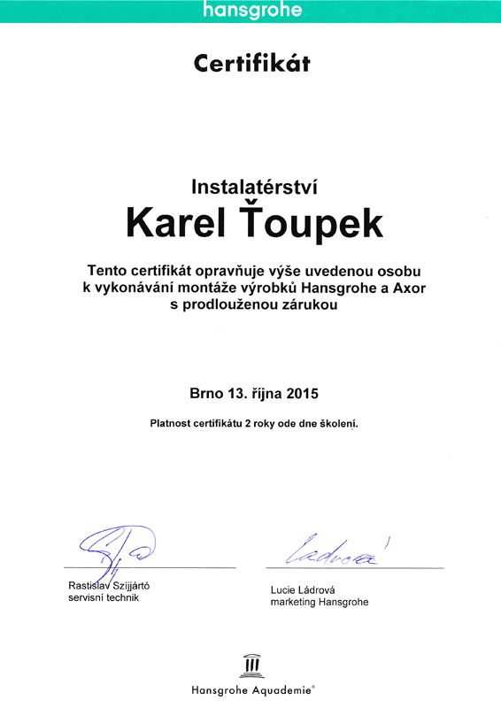 Certifikát Hansgrohe