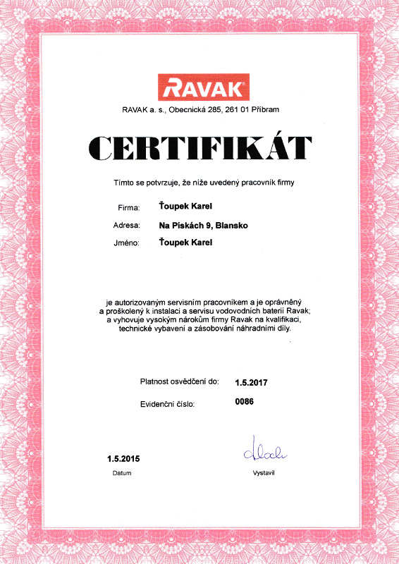 Certifikát Ravak